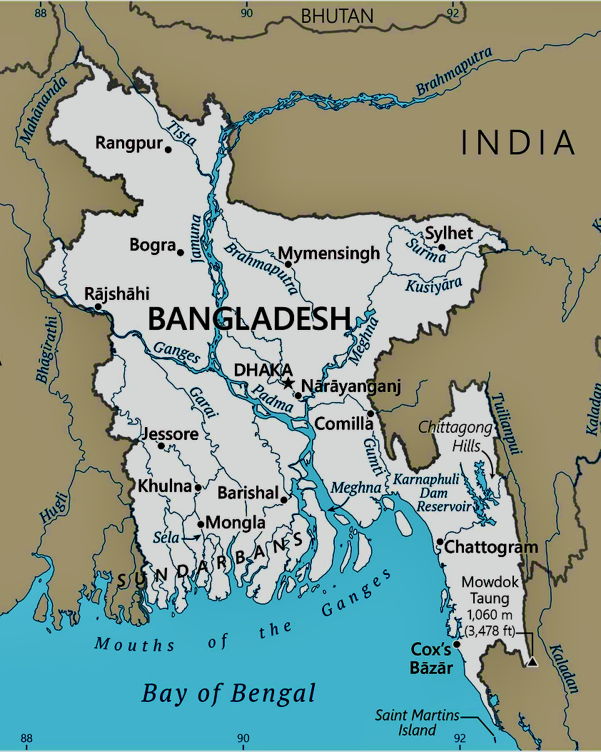 Map of Bangladesh showing its shared boundary with India surrounding it to the east, north, and west. The Bay of Bengal is south. Further up north, part of Bhutan is visible.