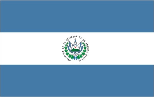 El Salvador flag with three equal stripes of cobalt blue on top, white in middle, cobalt blue at bottom. On the white stripe is the coat of arms for El Salvador with the words "Republica de El Salvador en la america central"