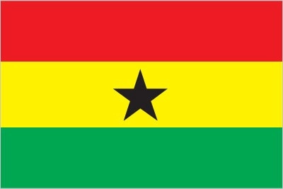 Ghana flag. Three horizontal bands of red, yellow and green. In the center (on the yellow band) is a five-pointed black star.