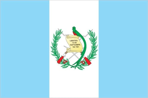 Guatemala flag. Two vertical bands of light blue with a vertical white in the middle. The Guatemala coat of arms is on the white band.