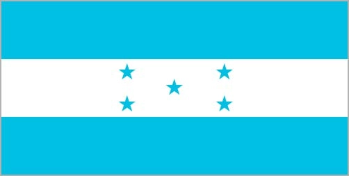 Honduras flag. Two horizontal bands of light blue with a band of white in the middle. Five, five-pointed stars in the same shade of blue are on the white band.