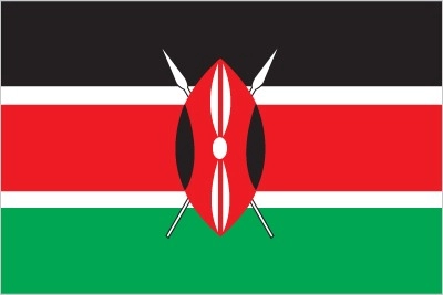 Three horizontal equal bands of black (top), red, and green. Two very narrow bands of white edge the red band in the middle. An image of a Maasai warrior's shield covering crossed spears is superimposed at the center.