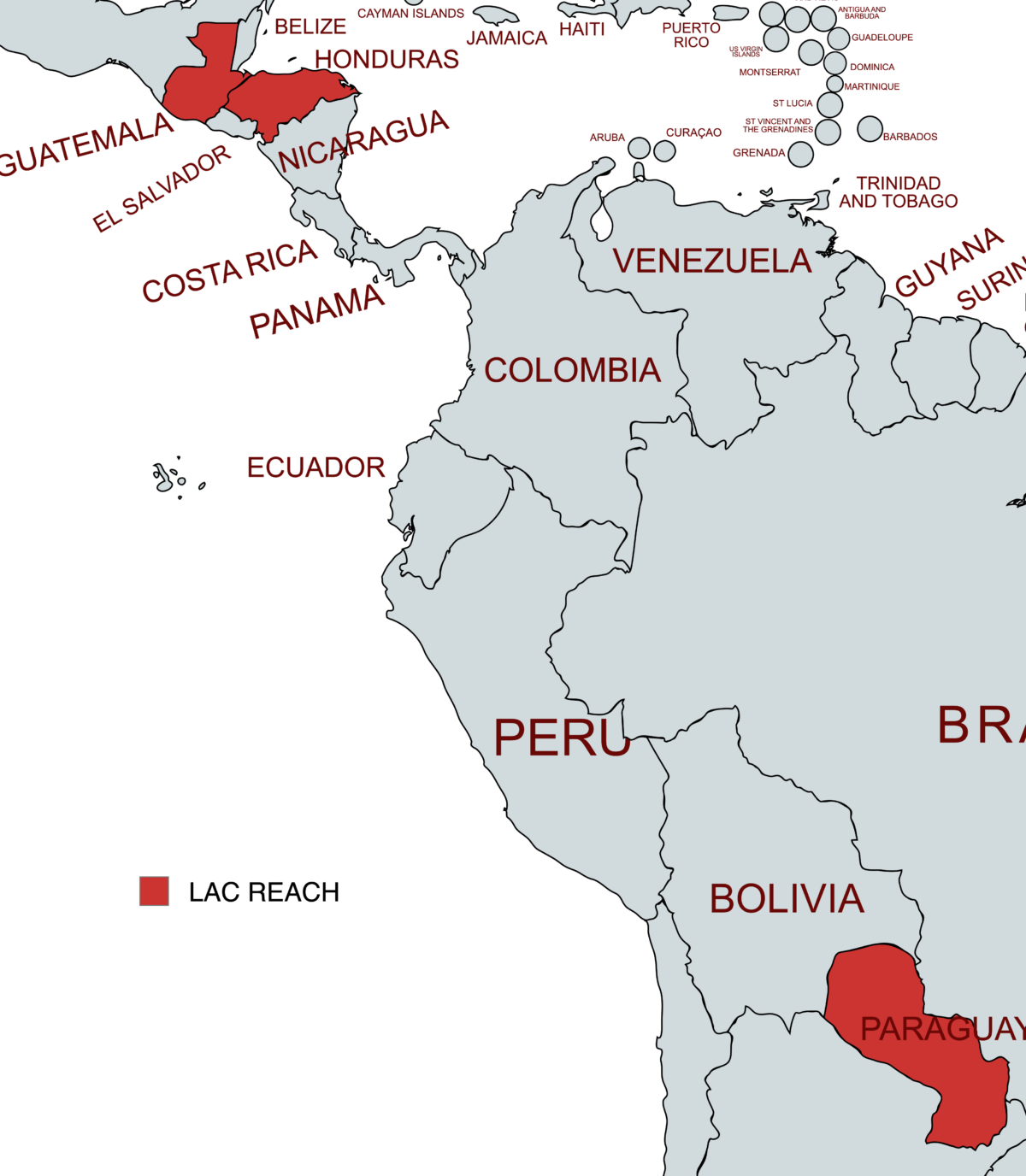 A partial map of Latin America with the countries Guatemala, Honduras and Paraguay highlighted in red.