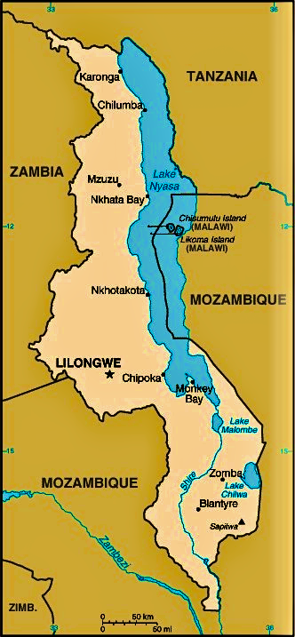 Malawi map showing the country's major cities and Lake Nyasa (aka Lake Malawi). The map shows Malawi's shared borders with neighboring countries Zambia in the west, Tanzania in the northeast, and Mozambique in the south.