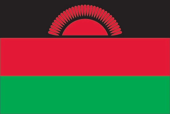 Malawi flag. Three equal horizontal bands in black, red, and green. A radiant red sun is centered on the black band (above the red band).