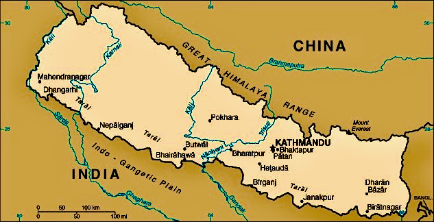 Map of Nepal, which shares boundaries with China and India.