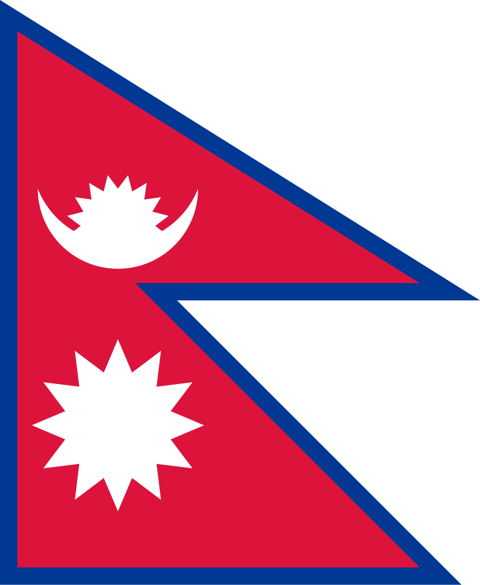 Nepal flag: two overlapping crimson triangles with a blue border and shapes representing the moon and sun.