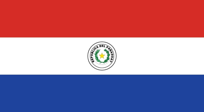 Paraguay flag. Three horizontal bands of red, white, and blue, with the Paraguay coat of arms on the white band.