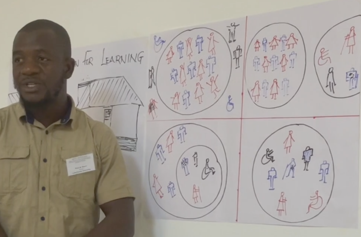 A man stands next to a large white sheet of paper with drawings representing the concepts of exclusion, segregation, integration, and inclusion.