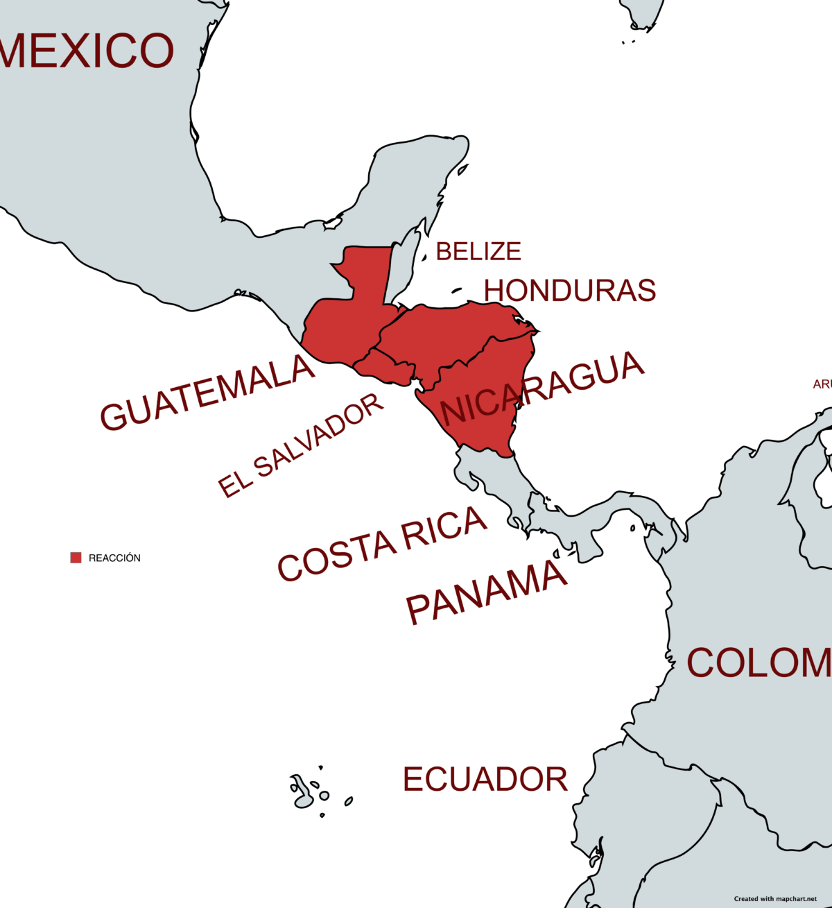 A map of Central America, also showing a bit of North and South America. The countries Guatemala, Honduras, El Salvador, and Nicaragua are highlighted in red. The map is labeled "REACCIÓN".