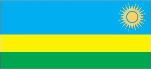 Rwanda flag. The top half is sky blue with a sun with 24 rays at the right. Two more horizontal stripes are below it in yellow and green.