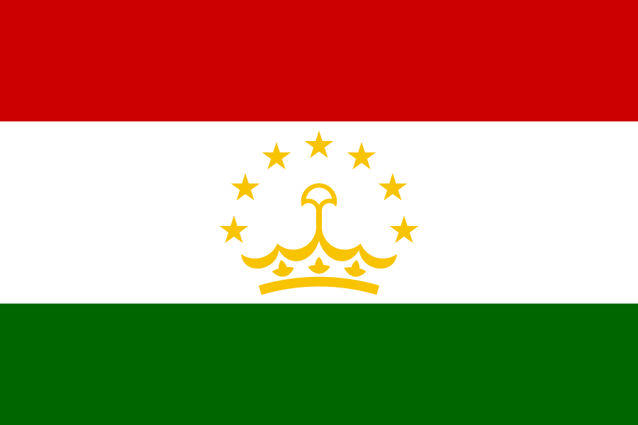 Tajikistan flag with red stripe at top, a gold crown on a white background in the middle, and a green stripe at bottom.